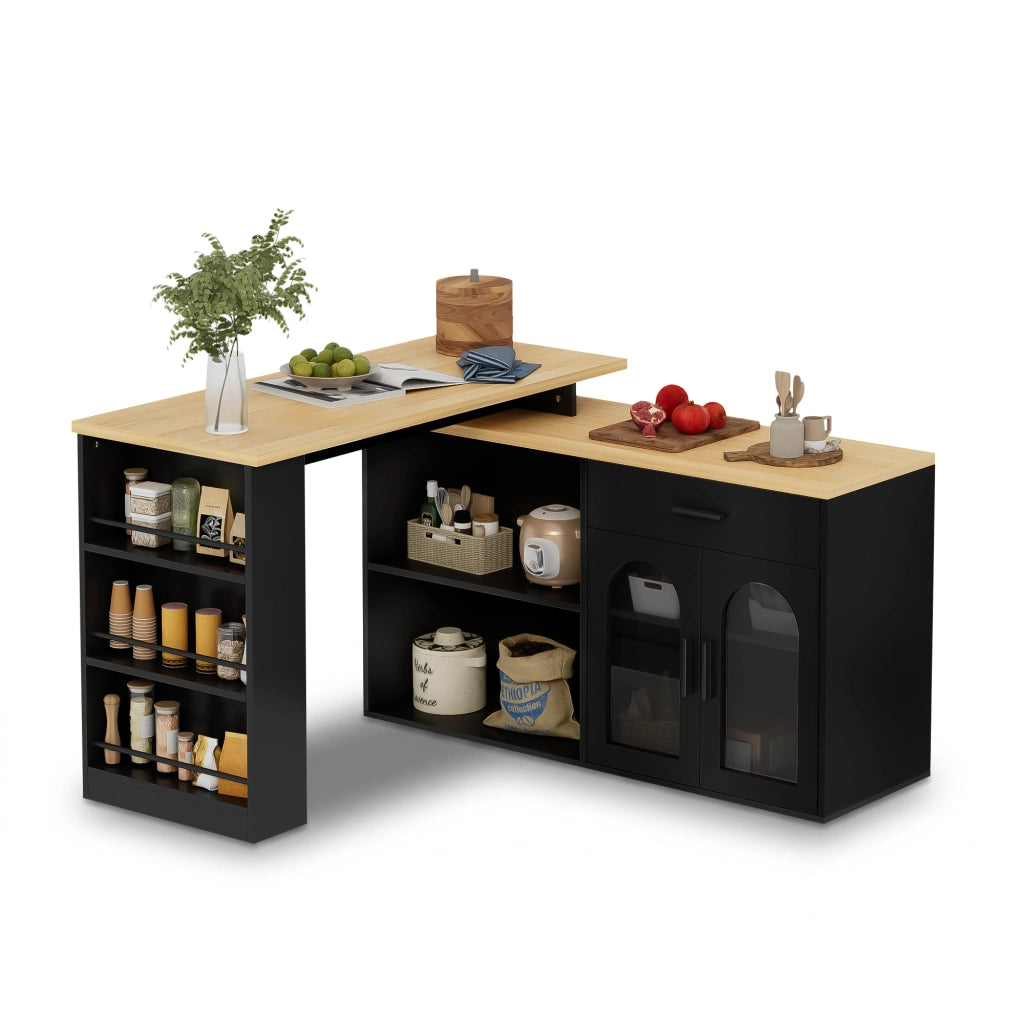 Isola da cucina 136x50x78 cm con piano girevole a 360°; MDF nero e naturale