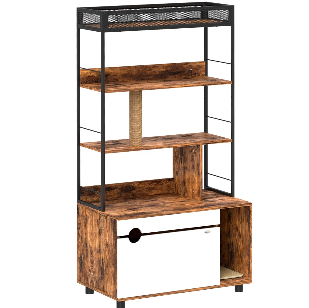 Mobile per lettiera per gatti 80x48x152 cm con 3 ripiani e tiragraffi in legno marrone