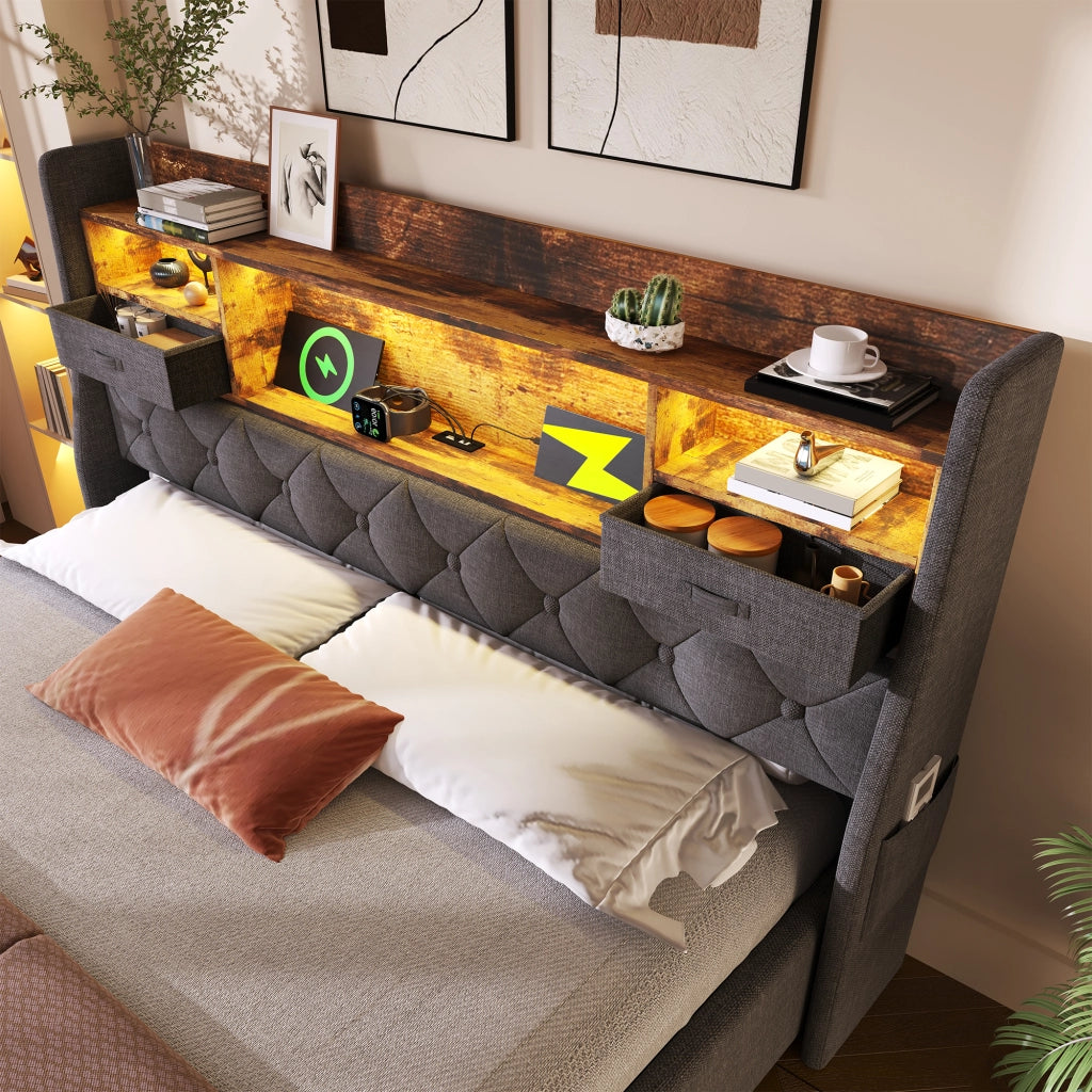 Letto matrimoniale 140 × 190 cm con contenitore idraulico; LED; 3 USB e Type-C; senza materasso; in lino grigio