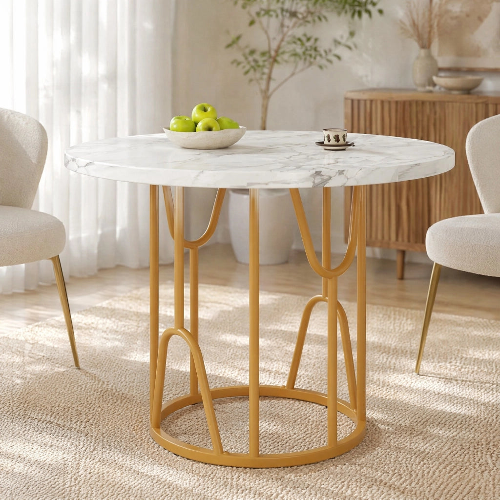 Tavolo da pranzo rotondo 80x80x76 cm con piano in MDF effetto marmo e gambe oro