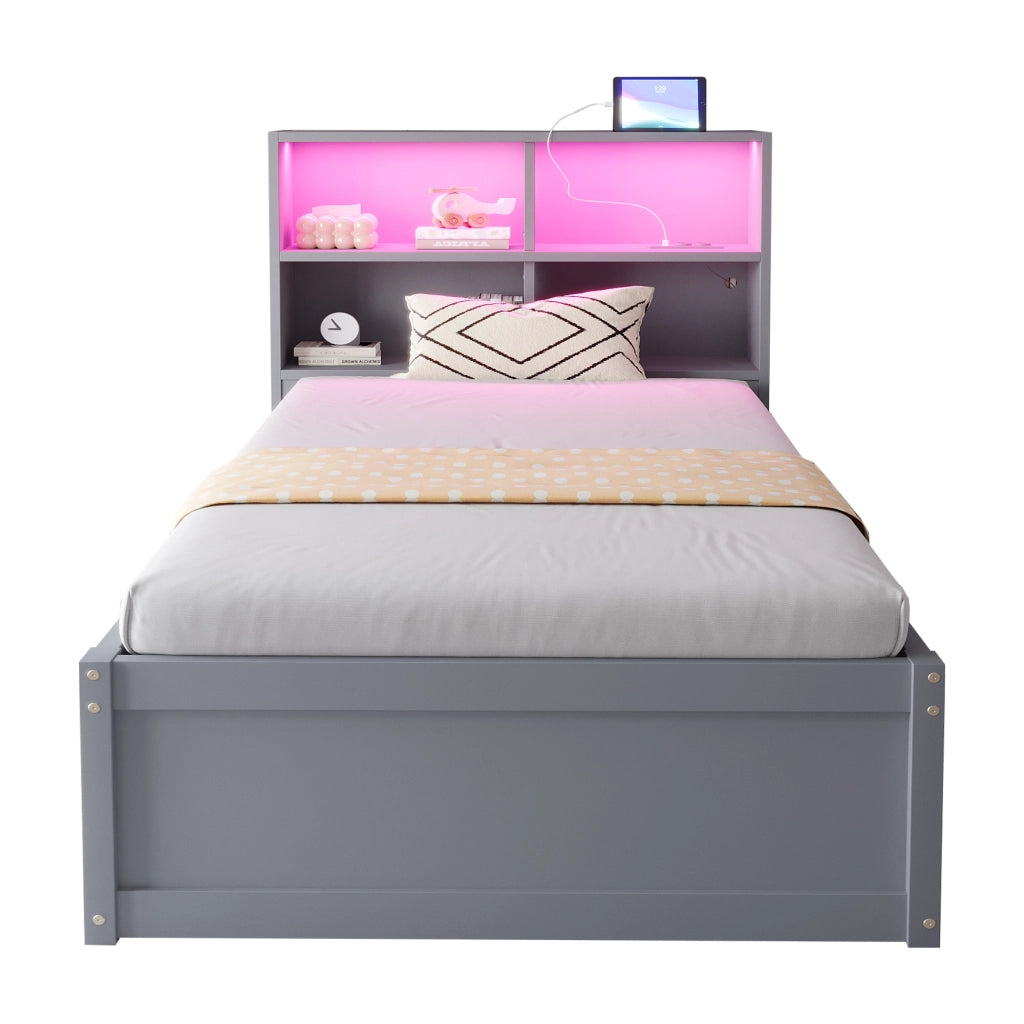 Letto divano singolo 200×90 cm con 4 vani; presa multifunzione e LED regolabile; senza materasso; grigio