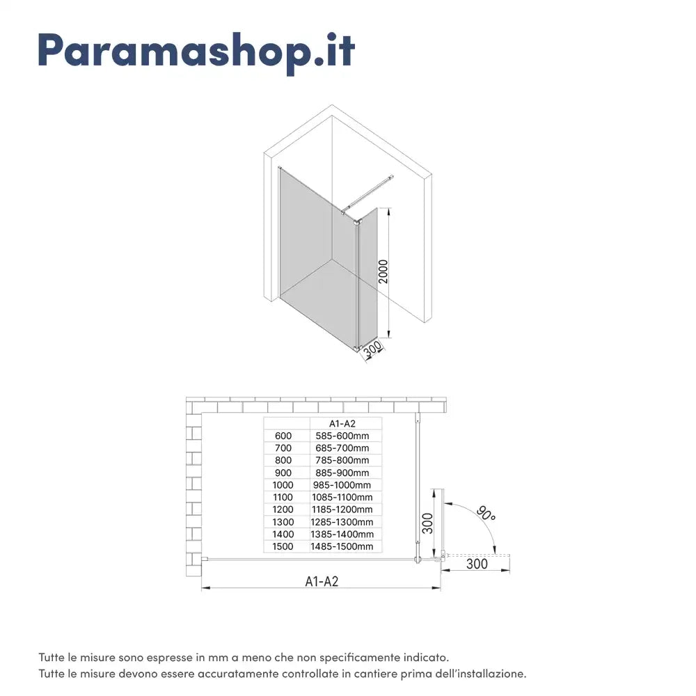 Doccia walk-in 120cm + anta 30cm vetro temperato anticalcare 10mm fumé profili neri | Naxos