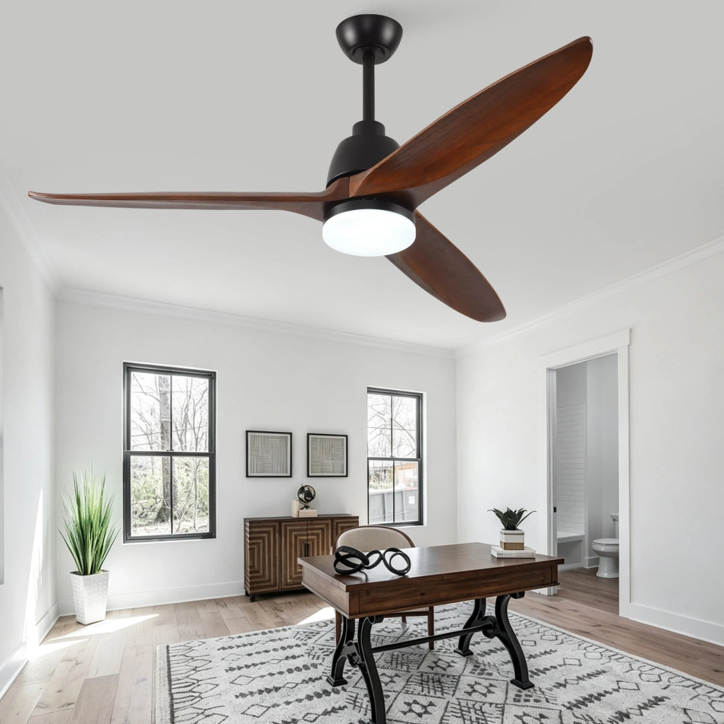 Ventilatore da soffitto 52 pollici con luce LED dimmerabile; telecomando e 3 pale in legno