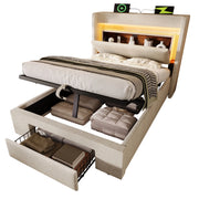 Letto contenitore singolo 90 × 200 cm con LED; USB e USB-C; cassetto; materasso incluso; beige in lino