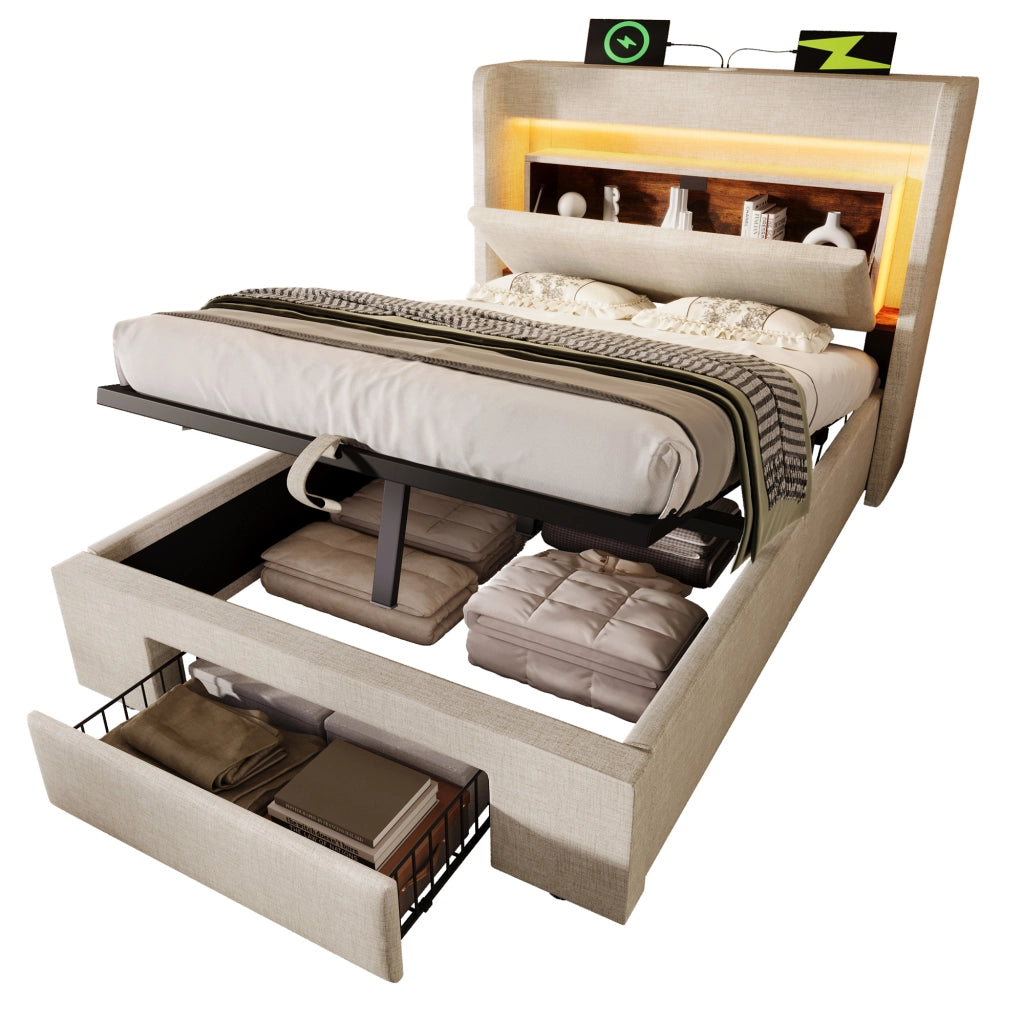 Letto contenitore singolo 90 × 200 cm con LED; USB e USB-C; cassetto; materasso incluso; beige in lino