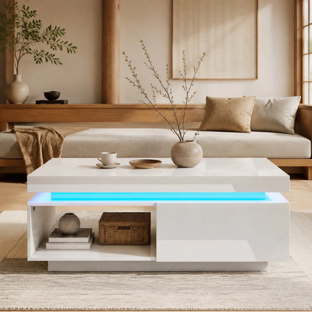 Tavolino da salotto con LED e cassetto portata 50 kg in pannello di particelle bianco lucido 100 × 50 × 40.3 cm