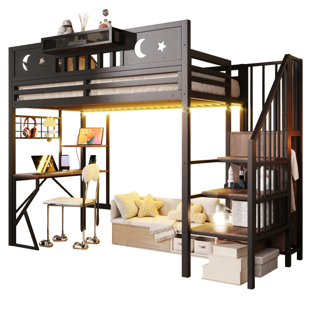 Letto a Soppalco 90x200 cm con Scrivania; LED; USB; Scala e Sponde; Nero