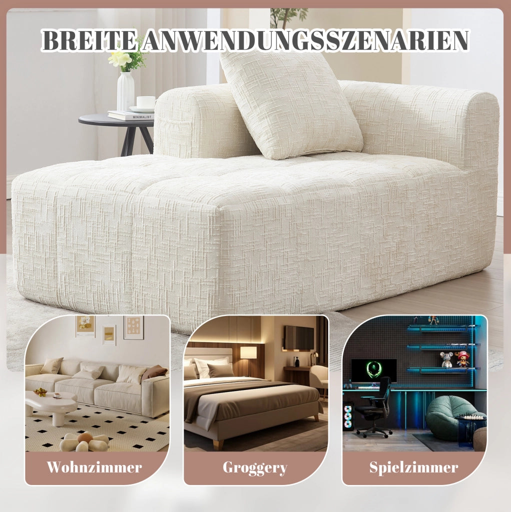 Divano Chaise Longue Beige con Tessuto Morbido, Cuscino Incluso e Tasche Laterali per Telecomando e Smartphone