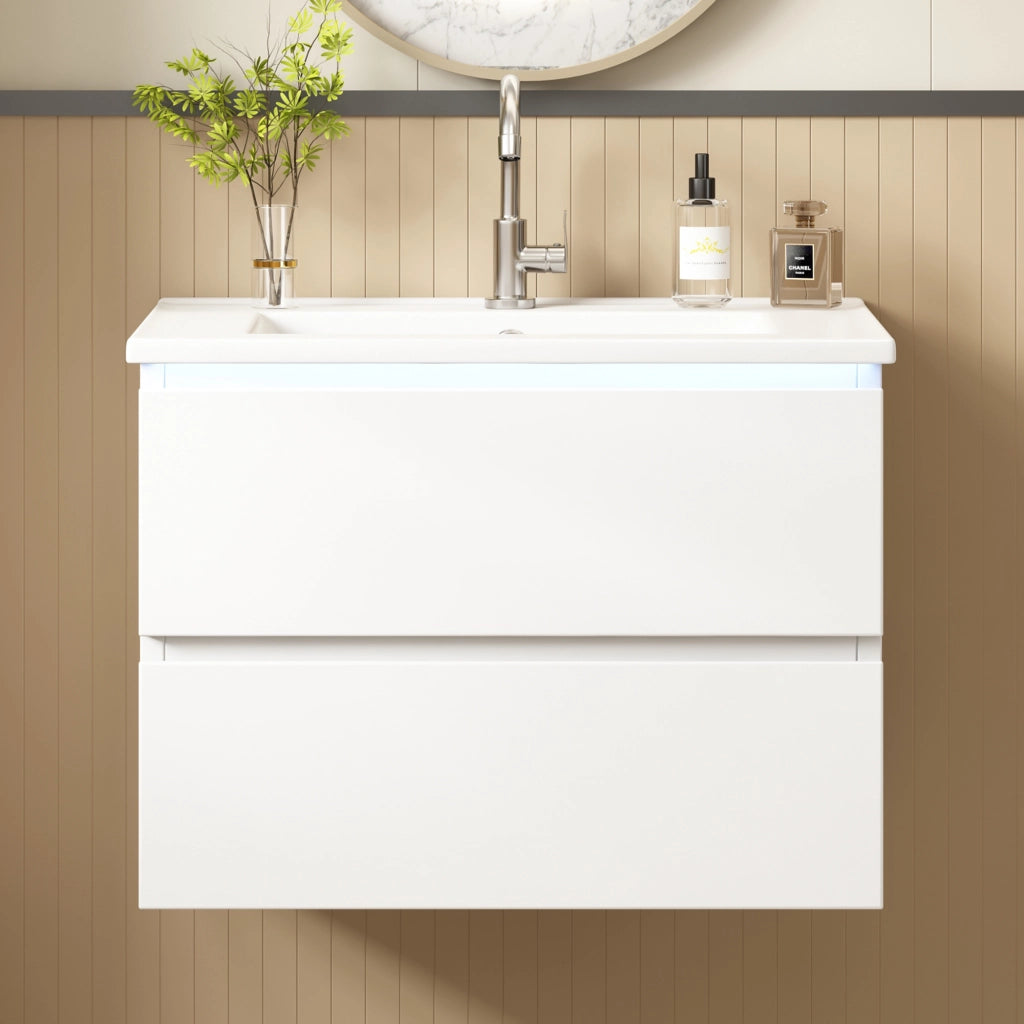 Desviae Mobile sottolavabo sospeso con lavabo in ceramica LED con sensore radar 2 cassetti MDF bianco 61 × 46 × 45 cm