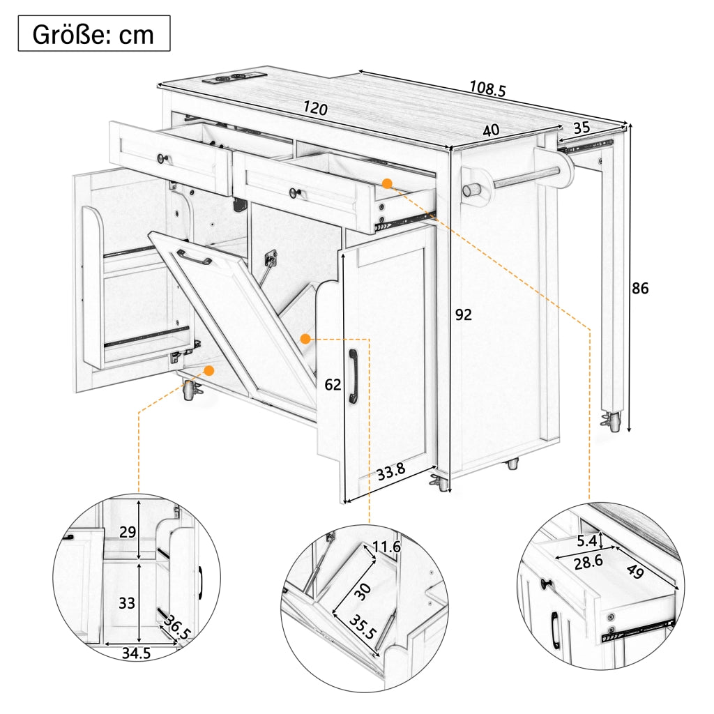 Mobile base da cucina su ruote con piano estraibile prese e vano rifiuti MDF bianco 120 × 40-75 × 92 cm