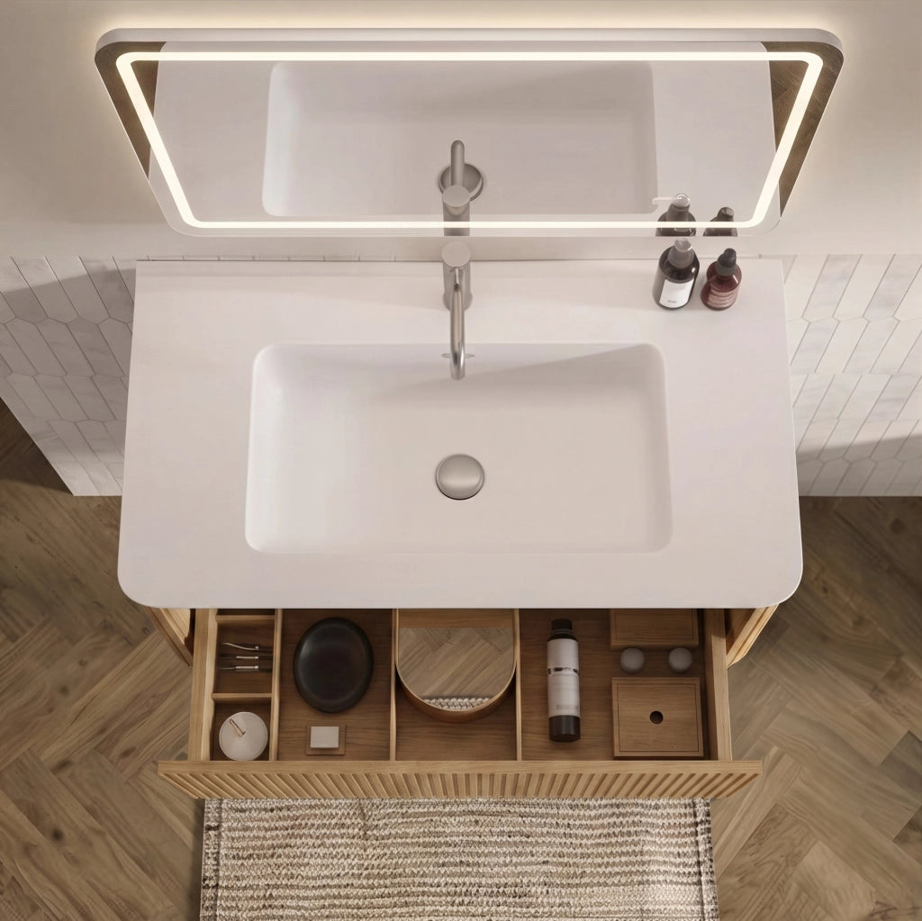 Set mobili bagno rovere con lavabo in pietra artificiale; specchio LED antiappannamento
