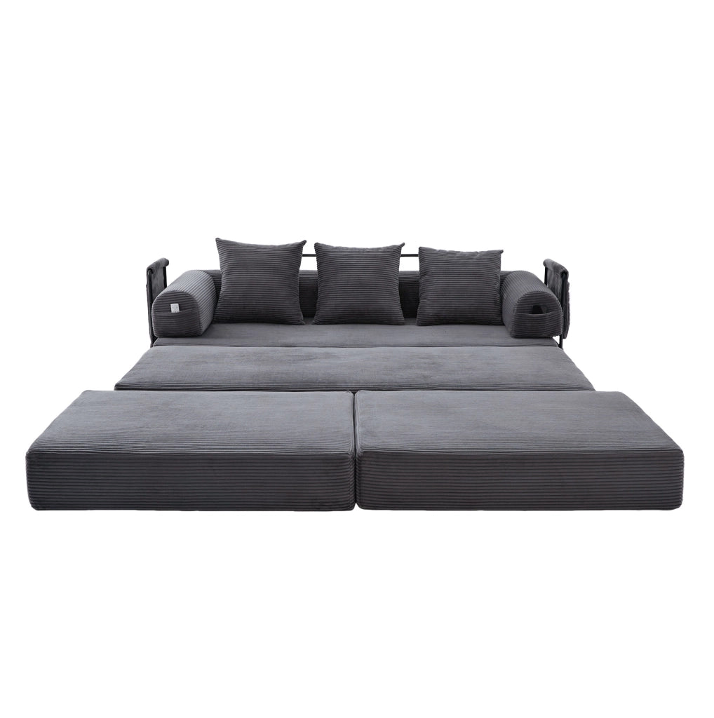 Divano modulare in tessuto vellutato con struttura in metallo, 3 cuscini e pouf, colore grigio scuro, 200x190x67 cm