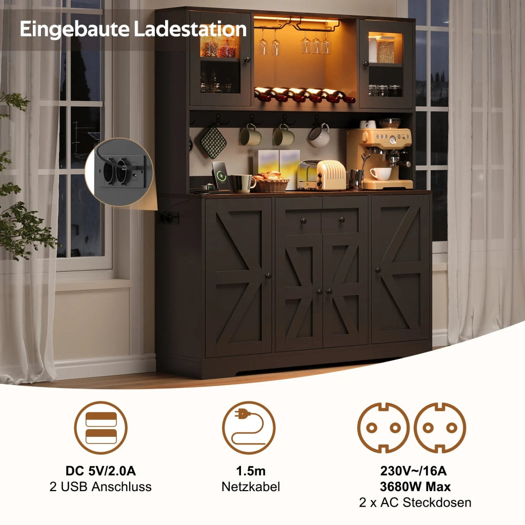 Armadio da cucina alto 140x40x173 cm con ante in vetro acrilico, illuminazione LED e prese elettriche. Dispensa con portabottiglie e calici per soggiorno e sala da pranzo