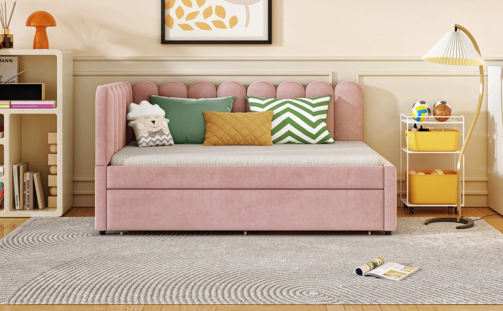 Divano letto angolare imbottito 140x200 cm con schienale floreale e letto estraibile in tessuto di velluto rosa