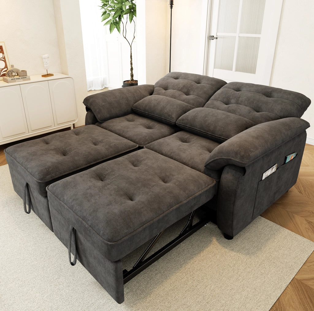 Divano letto 3 in 1 in tessuto Chenille grigio con due cuscini e schienale regolabile