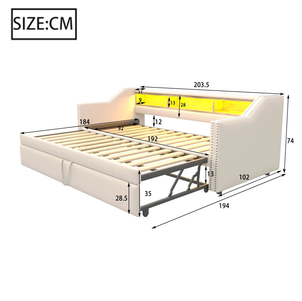 Divano letto estraibile 90/180x190 cm con LED, USB e 2 materassi beige