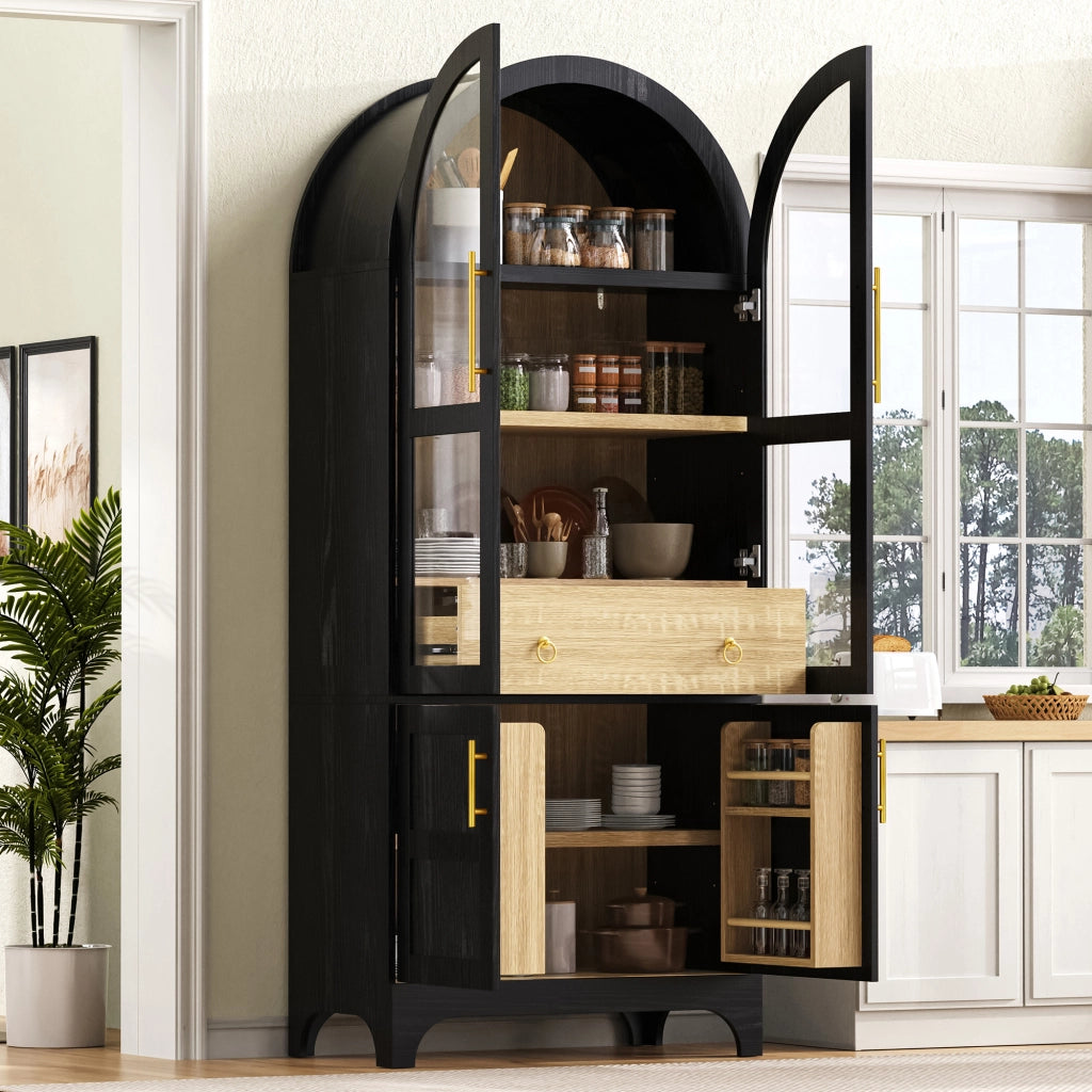Credenza alta da cucina con ripiani regolabili; cassetto e ante in vetro rigato MDF nero 76 × 40 × 180 cm
