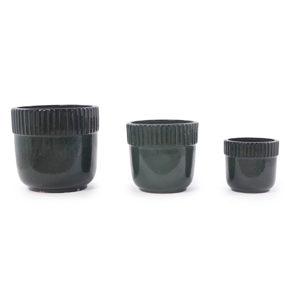 Vaso per piante ULEVR in ceramica ? 30,5 cm, verde scuro lucido con bordo scanalato e fori di drenaggio