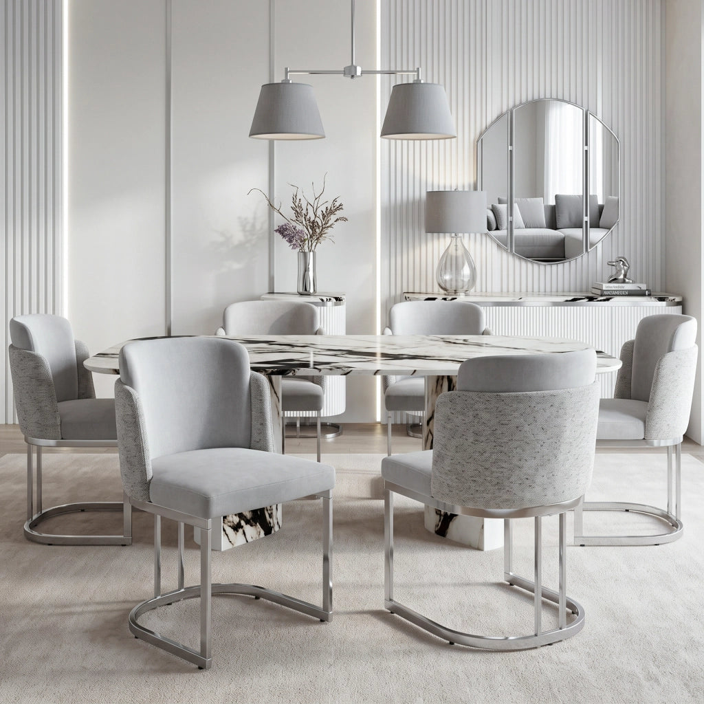 Set di 4 sedie da pranzo in chenille grigio chiaro con gambe in metallo argento