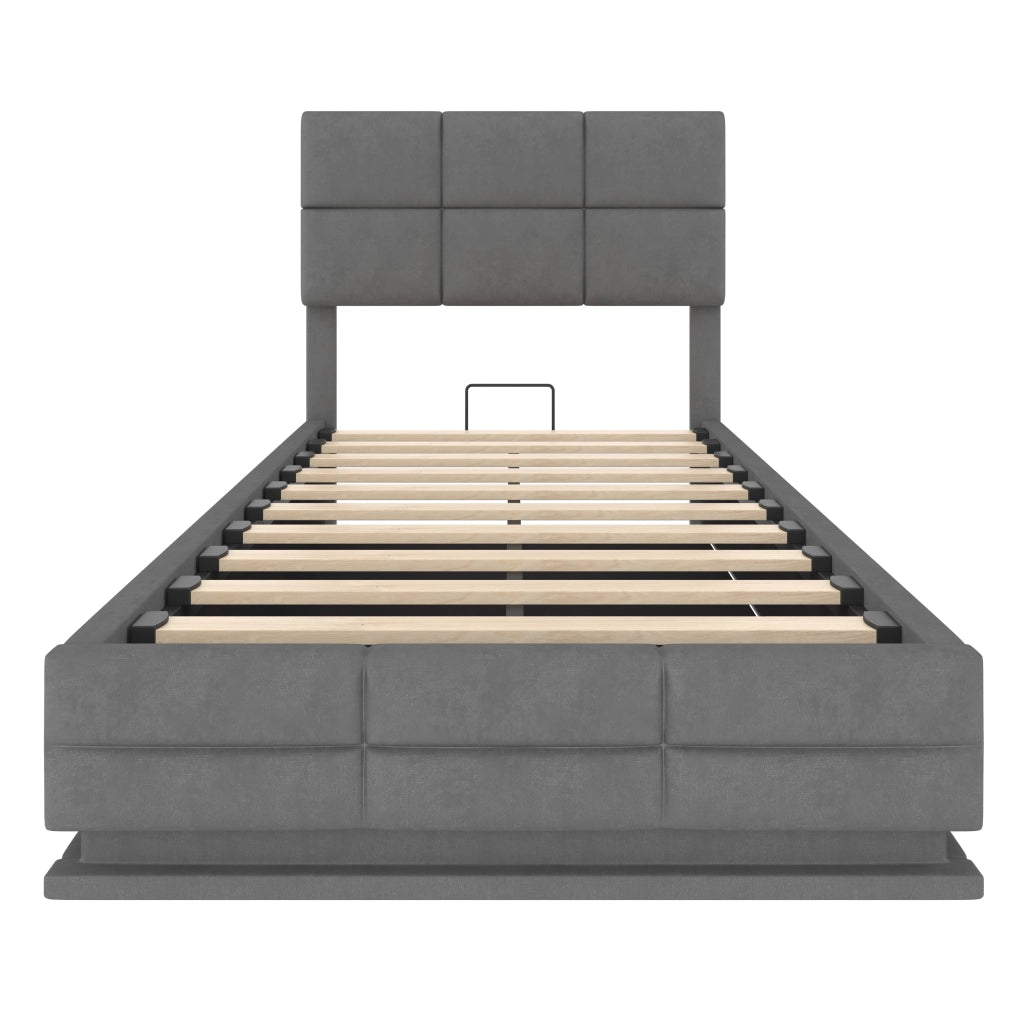 Letto 90x200 cm con contenitore idraulico, LED e USB in velluto grigio scuro