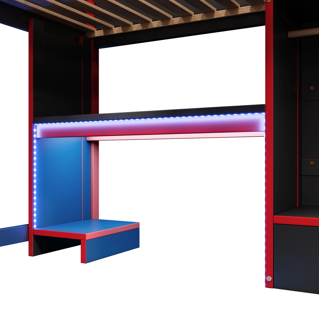 Letto a soppalco 140 × 200 cm con scrivania gaming armadio cassetti ripiani LED RGB scala in legno nero e rosso