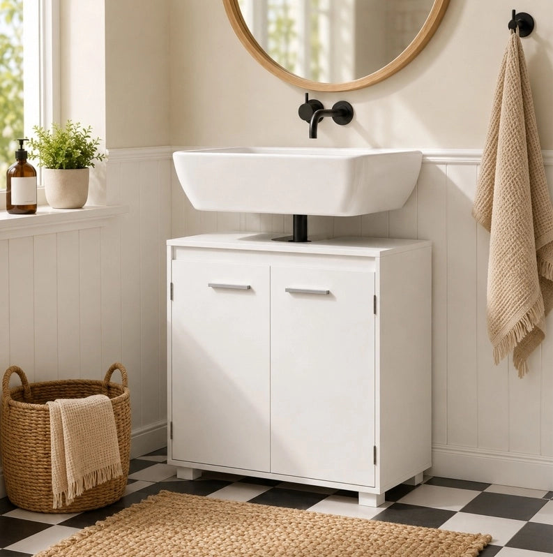 Mobile bagno moderno in MDF bianco con taglio a U e ripiano regolabile 60x30x60 cm