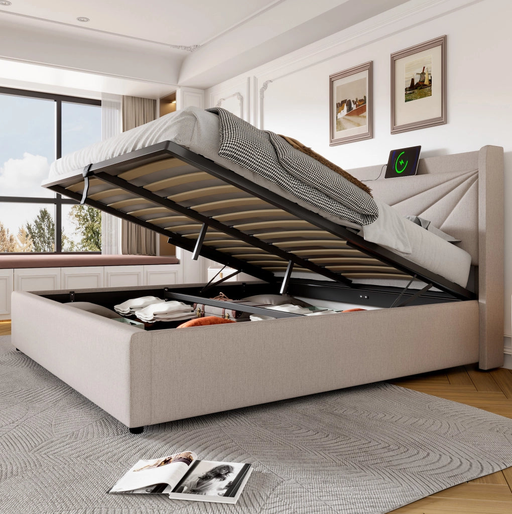 Letto matrimoniale 160x200 cm con contenitore, USB e USB-C in cotone e lino beige