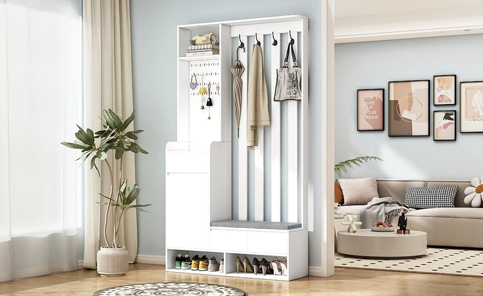 Panca contenitore bianca con appendiabiti a parete e 4 ganci, mobile ingresso multifunzione in MDF H180xL100xP35 cm