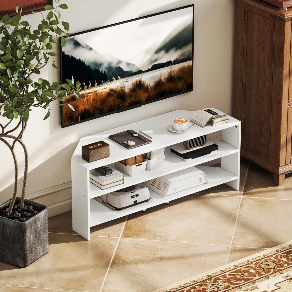 Mobile TV Angolare in Legno con 2 Ripiani Aperti per TV fino a 47 Pollici ¨C zephmum ¨C Bianco 110x36x45 cm