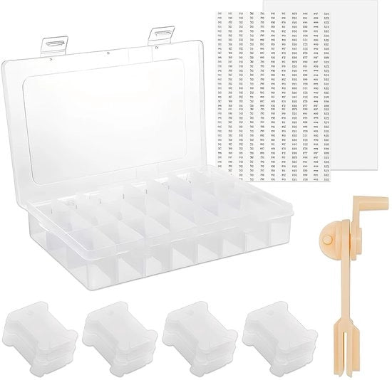 Cassetto di archiviazione per tessuti da cucire - 24 contenitori - Incluso attacco per filo - Materiale trasparente in plastica - Etichette numerate - Sostenibile e pratico