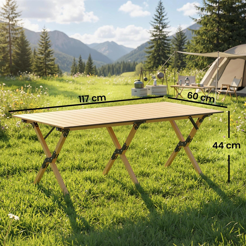 Tavolo da Campeggio Pieghevole in Alluminio 117 x 60 cm con Piano Arrotolabile Effetto Legno Borsa per Outdoor e Giardino