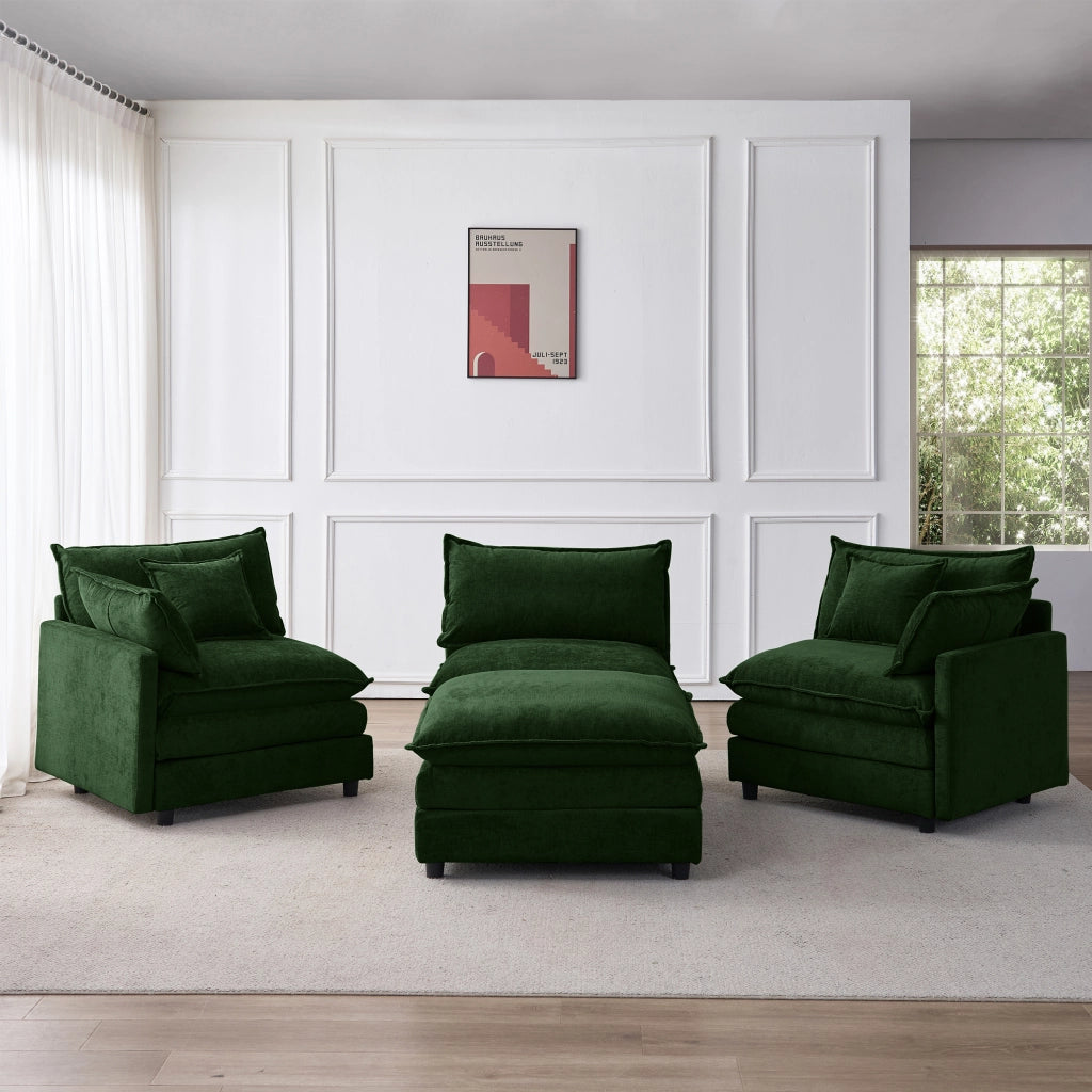 Divano angolare a 3 posti modulare in ciniglia verde con pouf struttura in legno sfoderabile 267 × 154 × 85 cm
