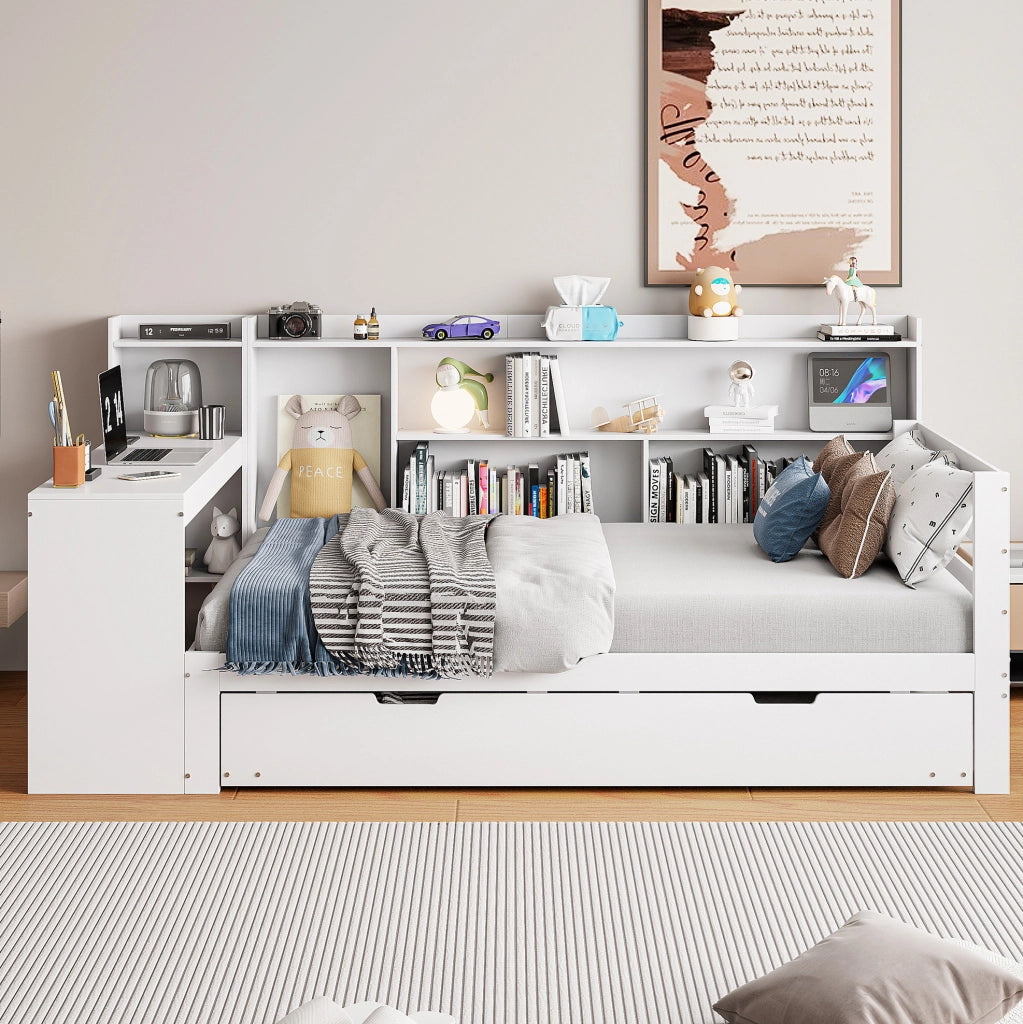 Letto multifunzionale 90x200 cm con letto estraibile; scrivania e scaffali; bianco