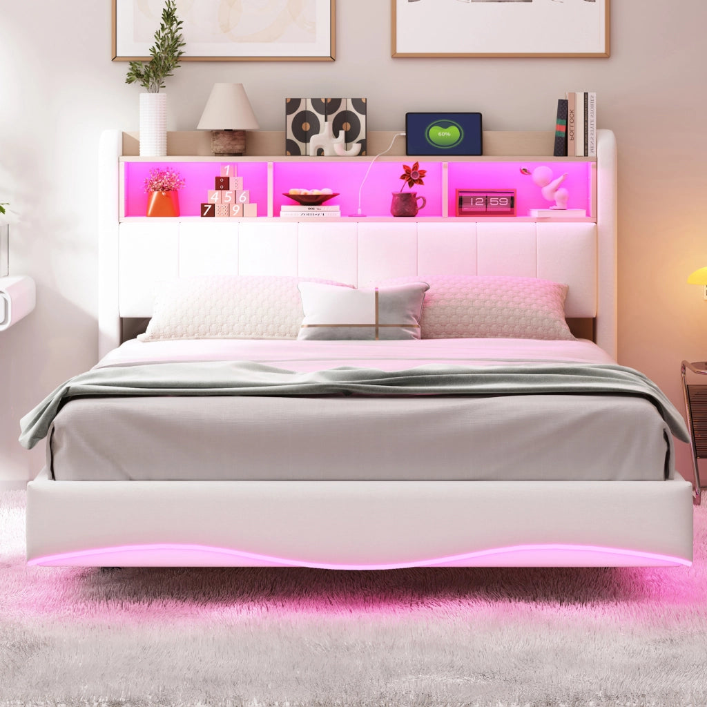 Letto imbottito sospeso 140x200 cm in tessuto di lino beige con luci LED, porte USB e Type-C, contenitore integrato