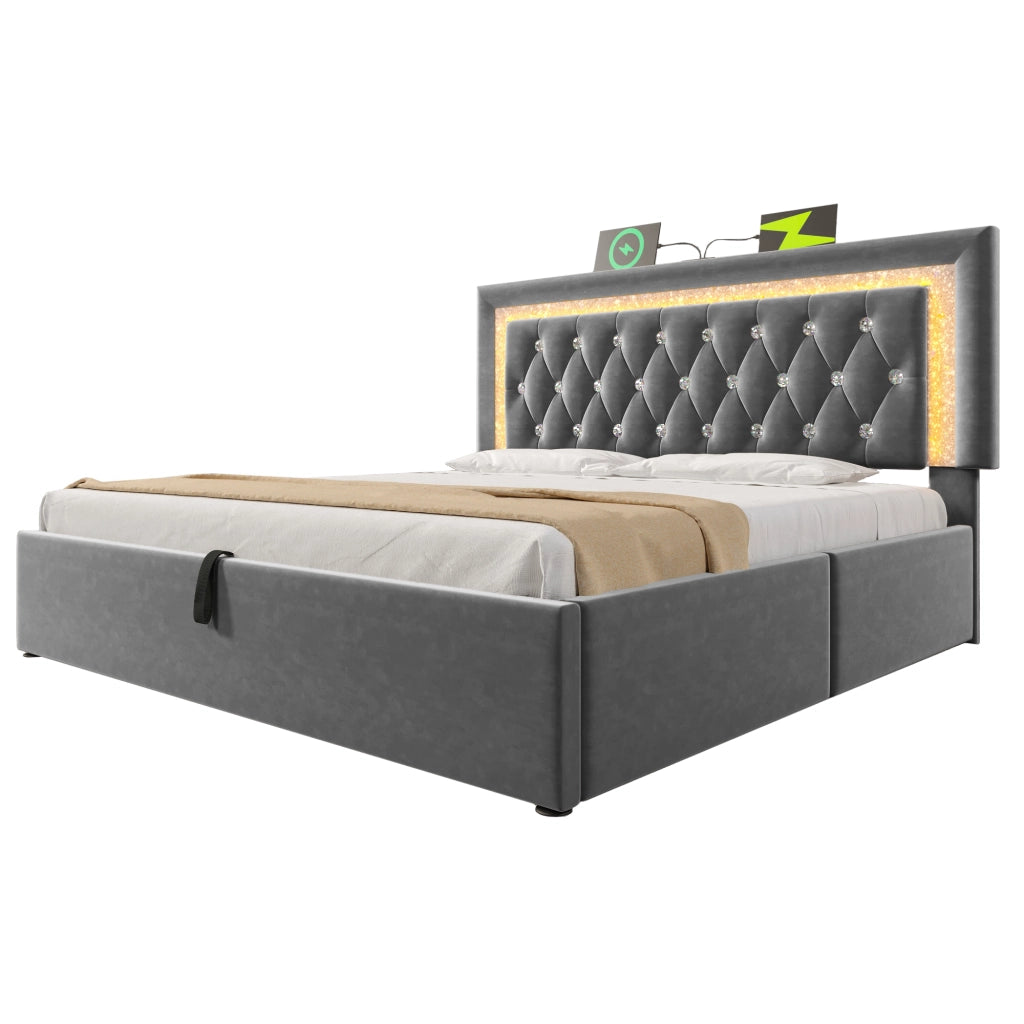 Letto matrimoniale 160 × 200 cm 2 posti con contenitore idraulico; LED; USB e porta Type-C; senza materasso; grigio