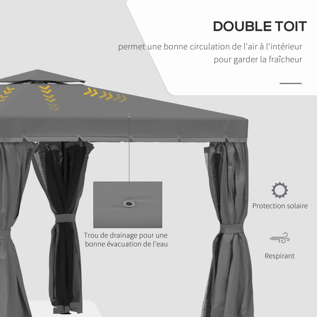 Gazebo da giardino 3 x 3 m con telaio in alluminio, doppio tetto ventilato, tende e zanzariere, grigio scuro