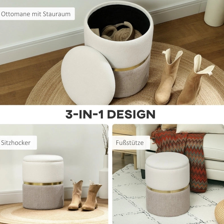 Pouf contenitore con coperchio, design bicolore con anello in metallo, 36 x 36 x 44 cm, crema e bianco