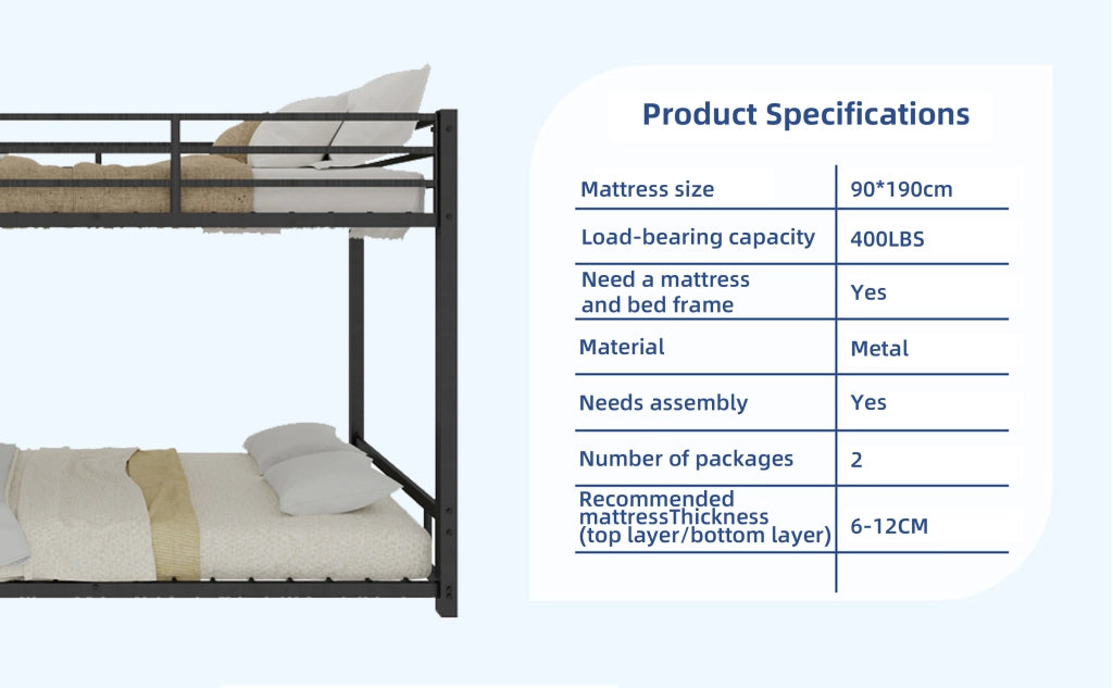 Letto a castello 2 posti 90 x 190 cm, struttura in metallo nero, scala 3 gradini e ringhiera, 200 kg per letto