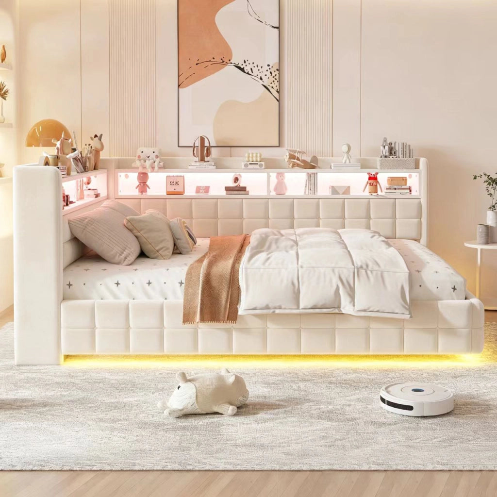 Letto imbottito multifunzione 140 × 200 cm in velluto beige con contenitore idraulico LED e prese di ricarica