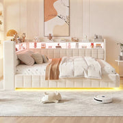 Letto imbottito multifunzione 140 × 200 cm in velluto beige con contenitore idraulico LED e prese di ricarica
