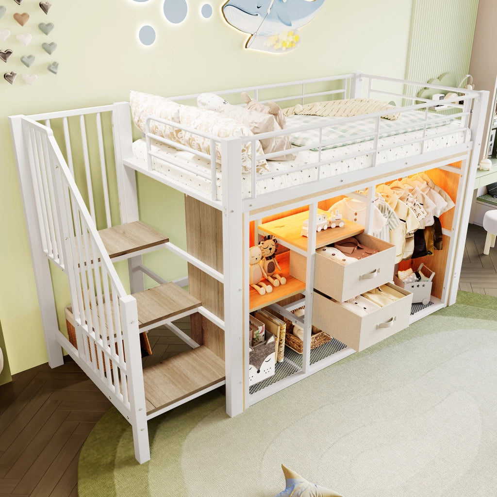 Letto per bambini 90 x 200 cm con armadio LED ripiani e 2 cassetti letto singolo con contenitori in metallo e MDF bianco