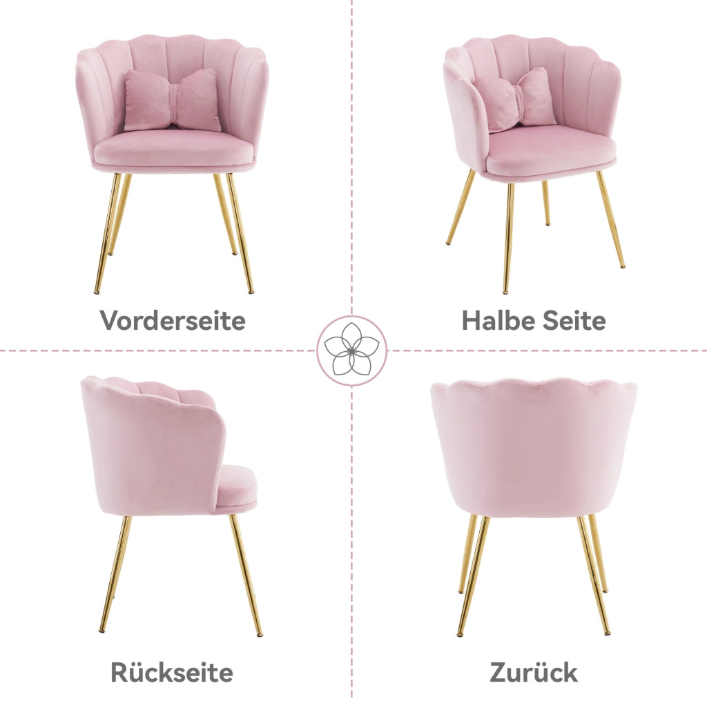 Set di 4 sedie imbottite in velluto rosa con schienale a petalo e gambe in metallo dorato