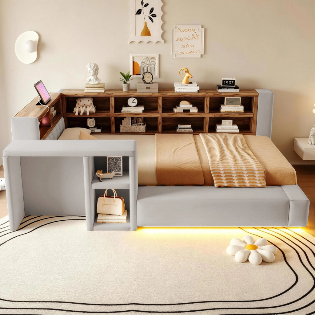 Letto imbottito 90 x 200 cm grigio chiaro con contenitori, LED e presa