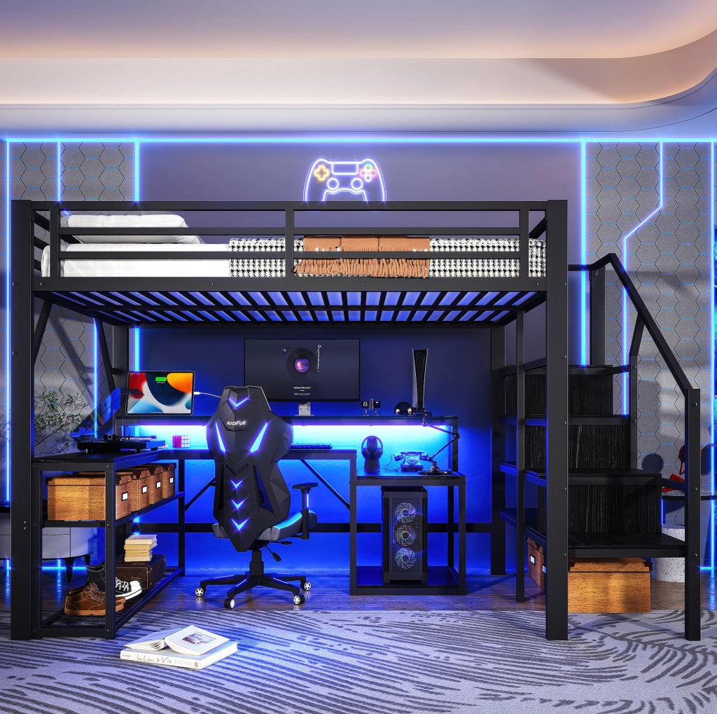 Letto soppalco 140x200 nero con scrivania LED e USB, senza materasso
