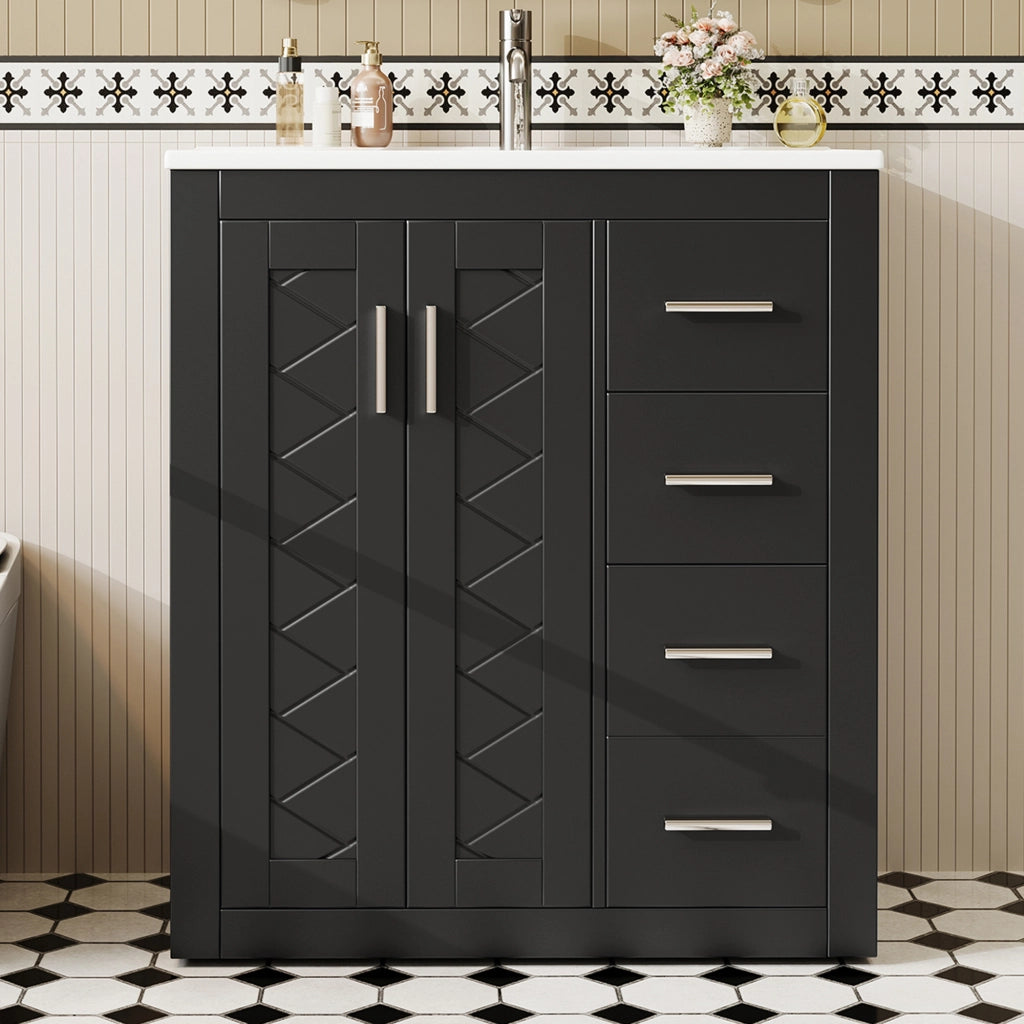 Mobile da bagno a terra con lavabo integrato 3 cassetti e 2 ante in MDF nero con superficie laccata 76 × 46.5 × 85.5 cm