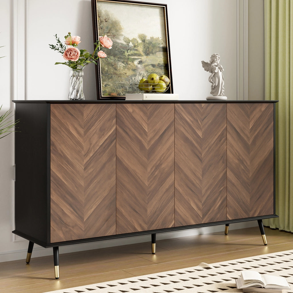Credenza e madia con 4 ante, ripiani regolabili e chiusura ammortizzata, in MDF nero e marrone, 140 × 40 × 80 cm