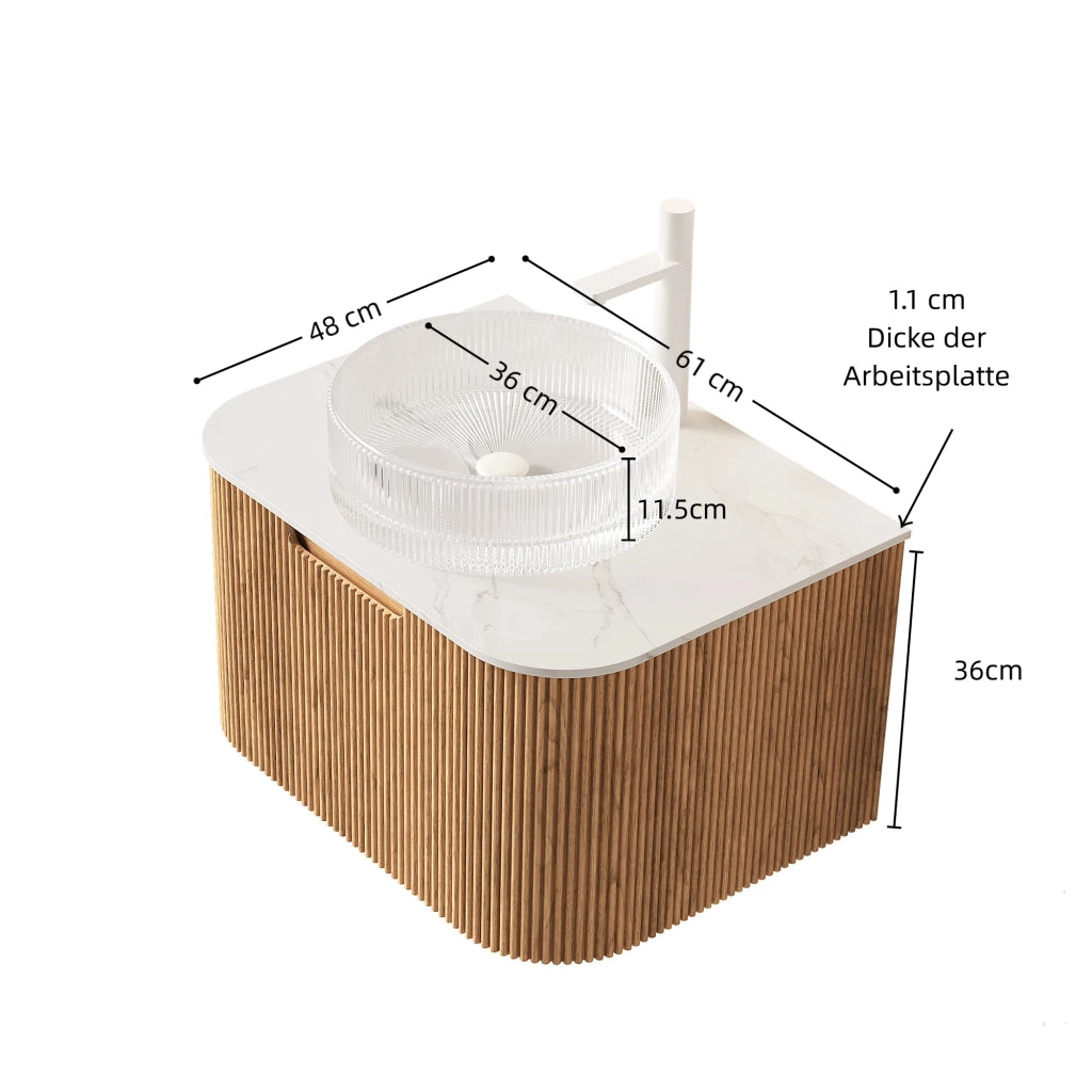 Mobile sottolavabo sospeso con lavabo rotondo in vetro trasparente e cassetto con chiusura ammortizzata per bagno