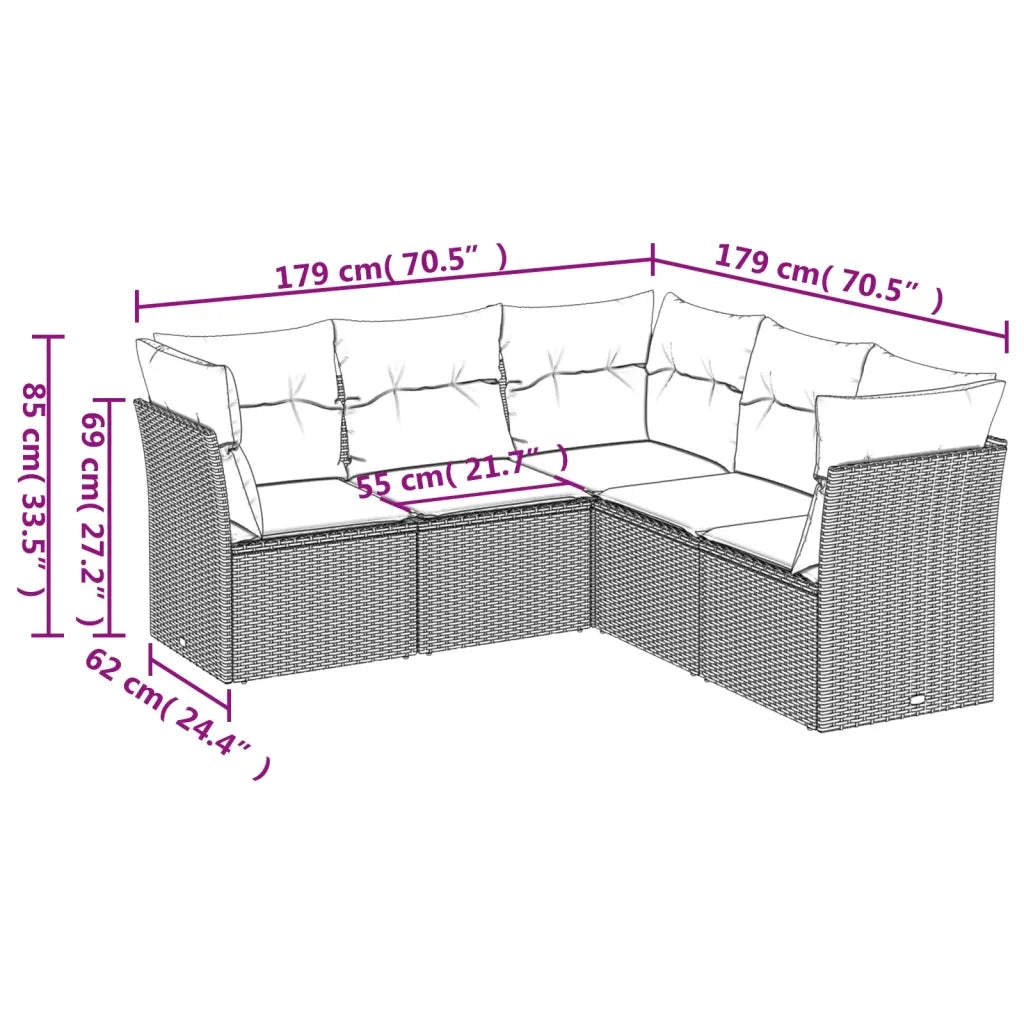 Set Divano da Giardino 5pz con Cuscini Grigio Chiaro Polyrattan