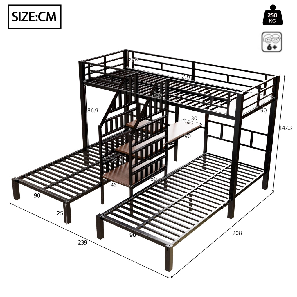 Letto a castello 90x200 cm a 3 posti con LED, scrivania, USB e presa nero