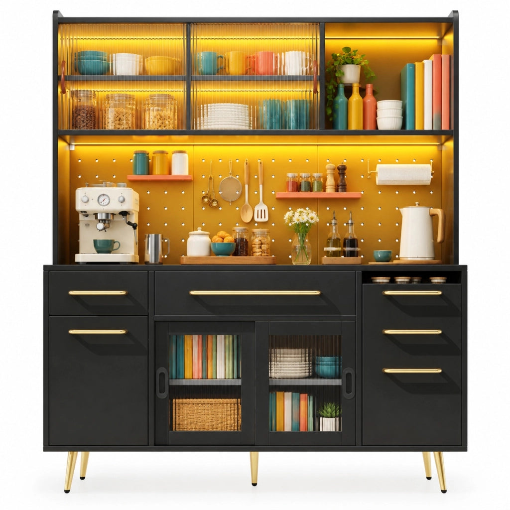 Credenza alta 145x39x171 cm in MDF, vetro e metallo nero con LED